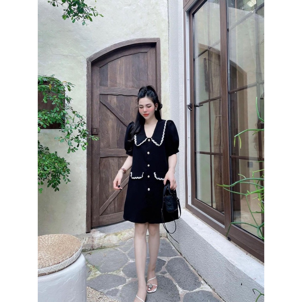 Váy nữ cổ sen đen dáng suông viền ren khuya nấm thời trangI Trần Hân Shop 3007434