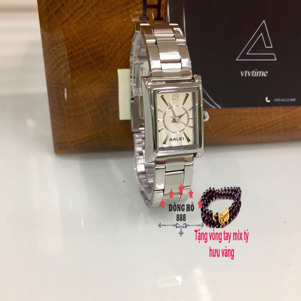 Đồng hồ nữ HALEI dây thép- TẶNG 1 vòng tỳ hưu - dây trắng mặt trắng