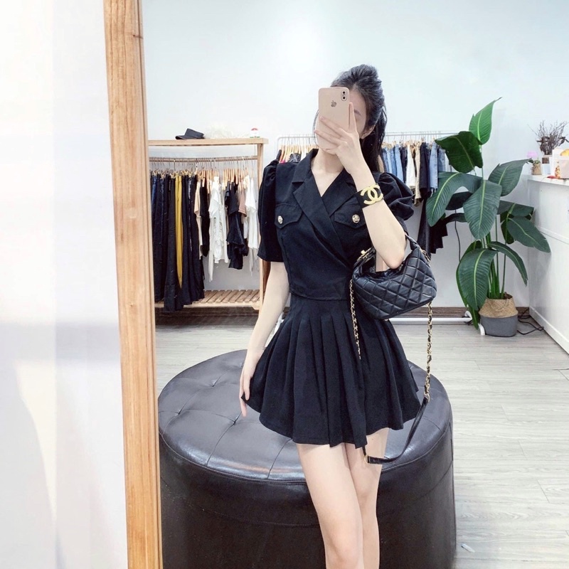 SET vest cúc tay bồng kèm chân váy xếp ly, set vải cao cấp, thoáng mát lên dáng