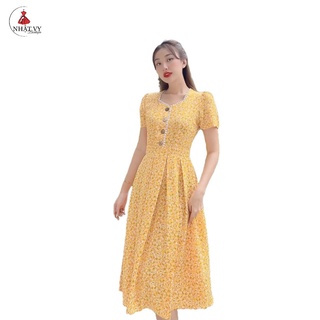 Đầm Hoa Đi Chơi NHẬT VY Viền Ren Cúc Gỗ Phối Xếp Ly Tay Ngắn Chất Mango Dáng Xoè Màu Đỏ, Đen, Vàng - D2257