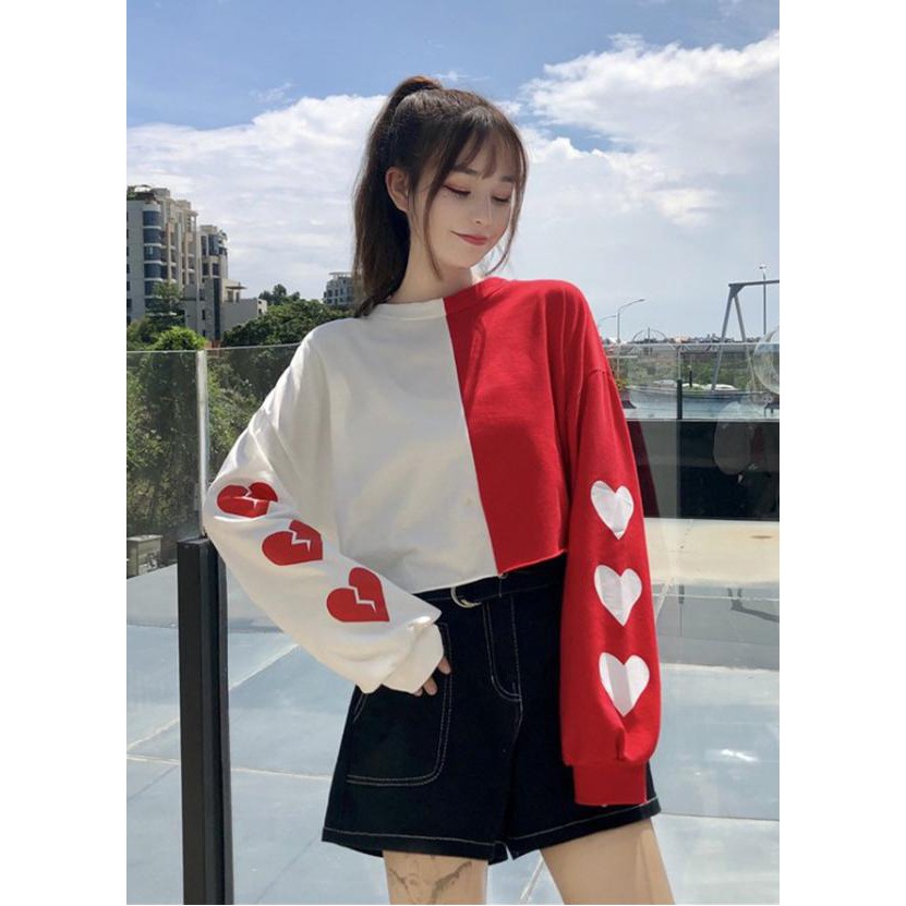 Áo croptop tay dài in tim cực xinh ❥ ❥ ❥