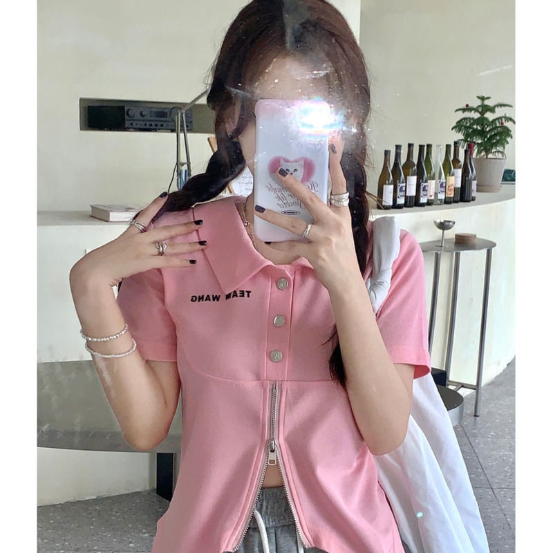 Áo Thun Tay Ngắn Thiết Kế Khóa Kéo Màu Trơn Thiết Kế Mới Thoáng Khí Cho Nữ