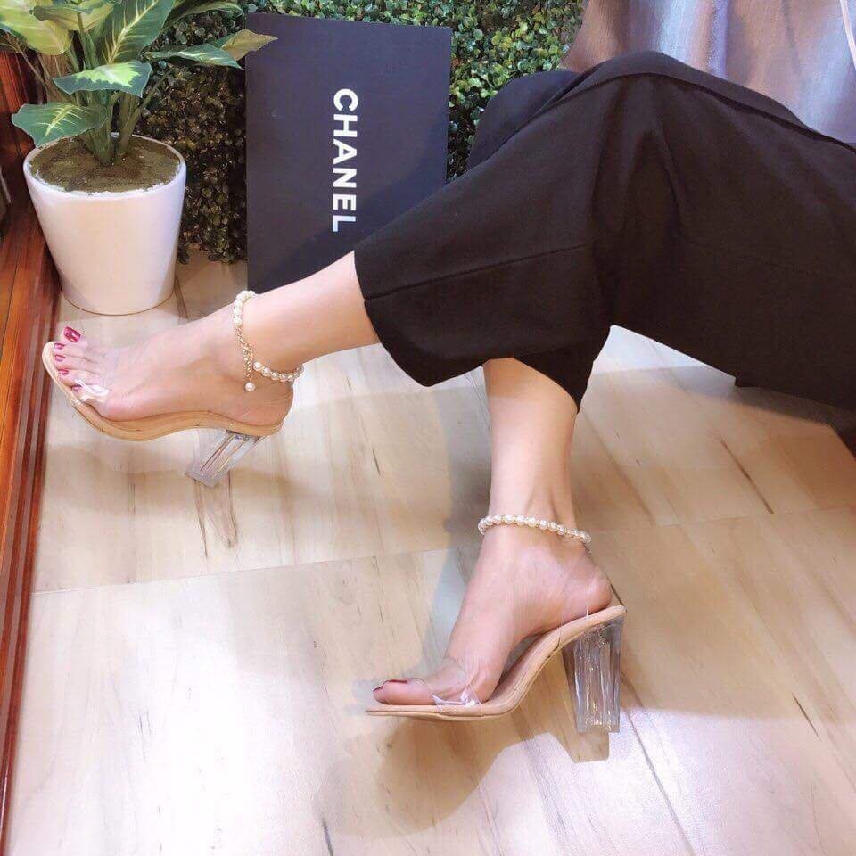 Giày Cao Gót Quai Trong 7p- Sandal đế vuông phối cổ ngọc sang chảnh dự tiệc. MET SHOP