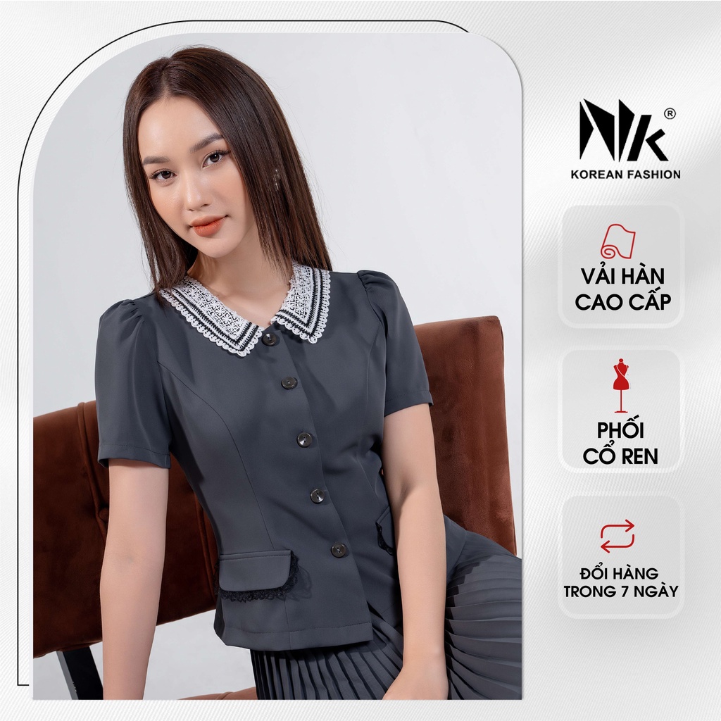 Áo Sơ Mi Nữ Ngắn Tay Công Sở NK Fashion Thiết Kế Cổ Ren Sang Trọng, Chất Vải Mát, Co Giãn Nhẹ Và Mềm Mịn NKSM2201002