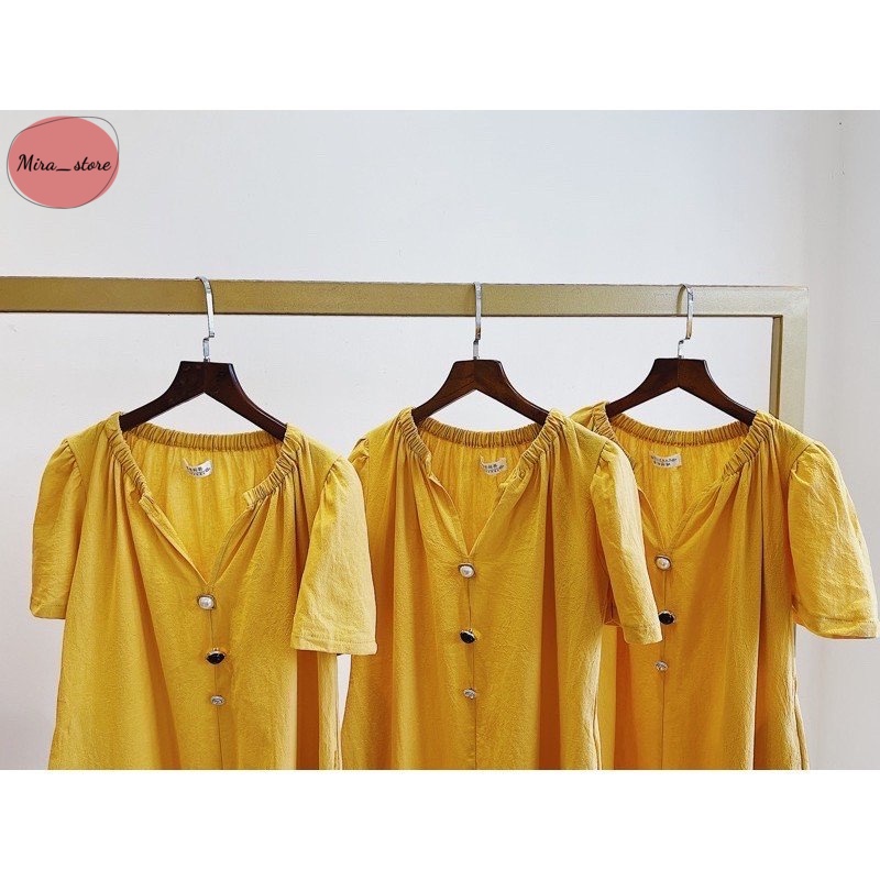 Váy Bầu Thiết Kế [FREESHIP] Đầm Bầu Chất Thô Đũi Màu Vàng Cổ V