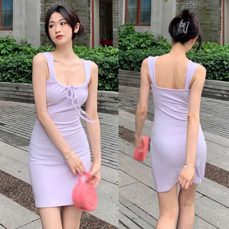 Đầm Mini Không Tay Cổ Vuông Màu Trơn Cột Dây Thời Trang Hàn Quốc Gợi Cảm Cho Nữ