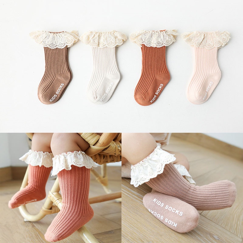 Vớ cotton Chống Trượt Phối Ren Xinh Xắn Dành Cho Bé Gái 0-3 Tuổi