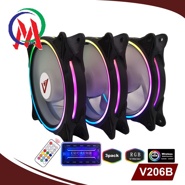 Combo bộ 3 Fan led RGB 2 mặt VSP V206 / V206B / V207 +Hub + Remote 12cm cho máy tính