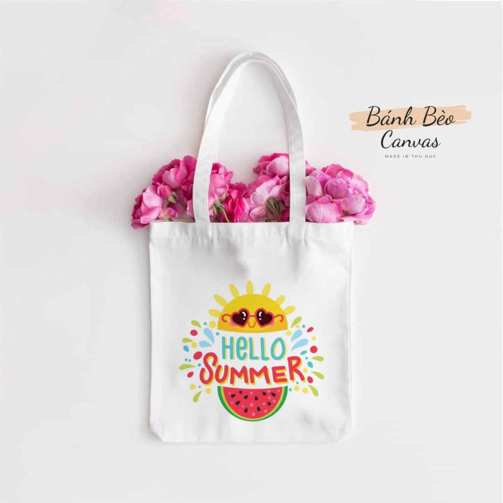 TÚI TOTE &quot;VUÔNG&quot; VẢI CANVAS ĐEO VAI HELLO SUMER _ MÙA HÈ YÊU THƯƠNG