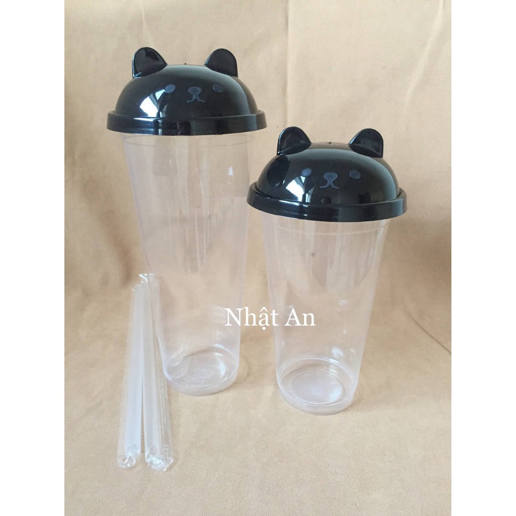 10 ly nhựa trà sữa PP đáy bằng có nắp gấu đen 500ml và 700ml