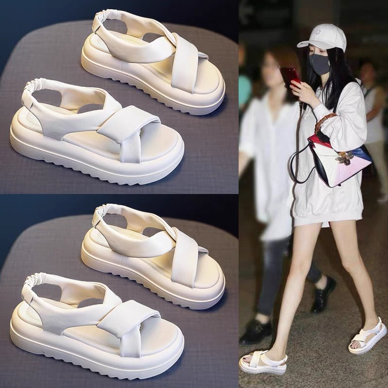 Sandal Nữ Dáng Độn Đế Quai Chéo Chun Sau Đế Răng Cưa 2 Màu Trắng Đen