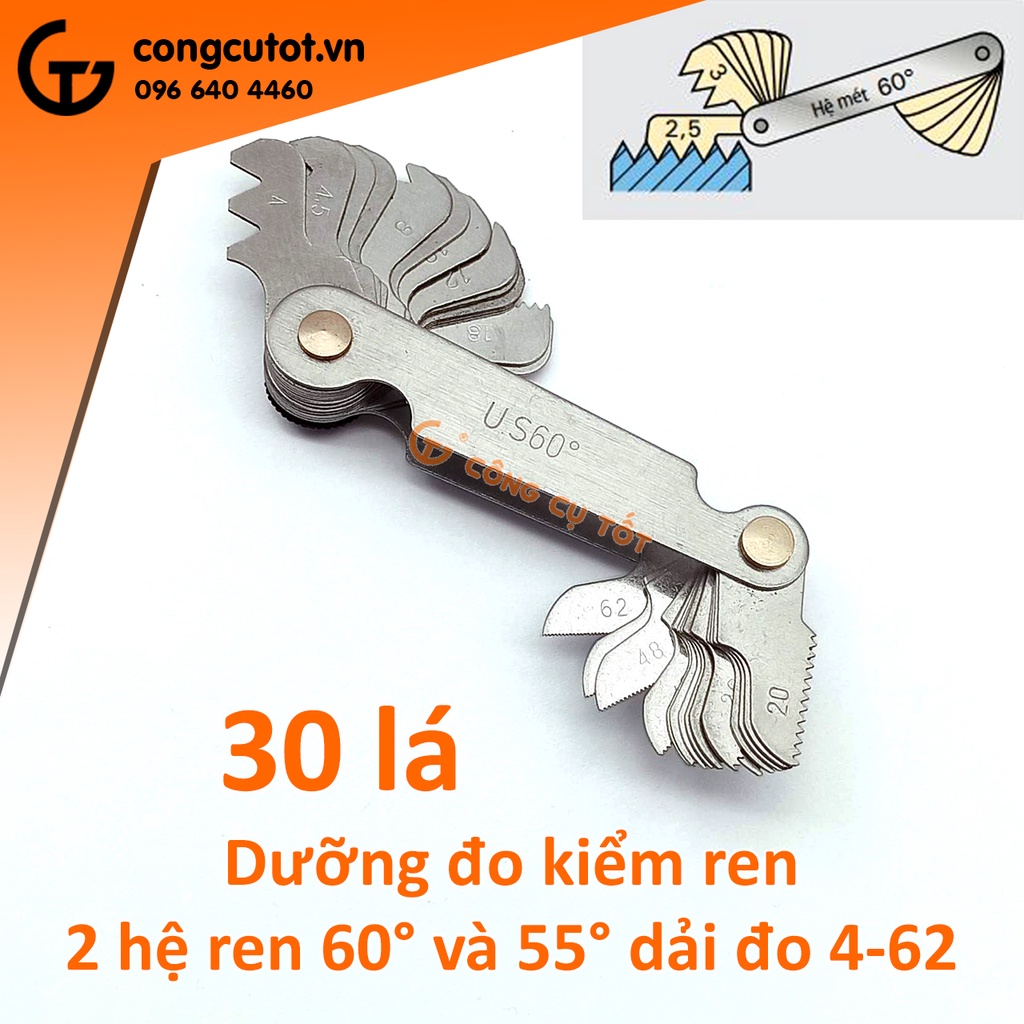 Thước đo, kiểm tra bước ren 60° hệ Mỹ 30 lá dải đo 4-62 bước ren mỗi inch