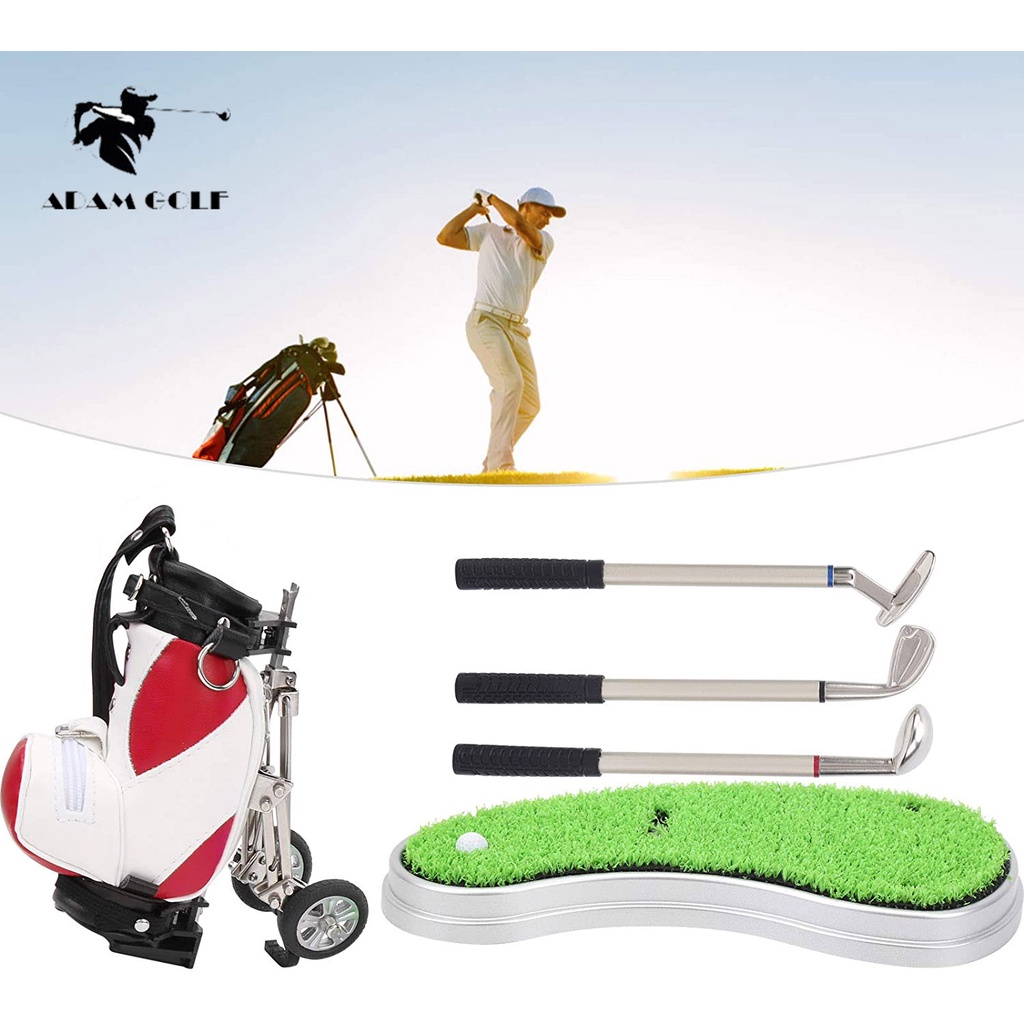 New 2022 - Bộ quà tặng gồm hộp đựng bút hình túi đánh golf + 3 cây bút hình gậy đánh golf + đế kiểu thảm cỏ độc đáo