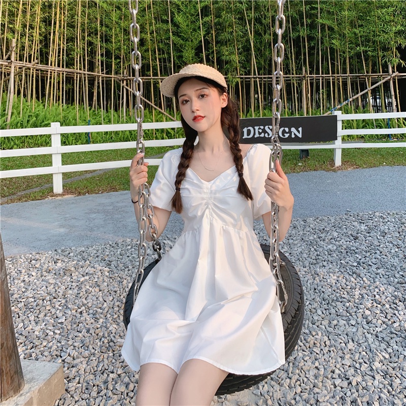 Váy midi màu trơn kiểu dáng thời trang mùa hè phong cách Hàn Quốc