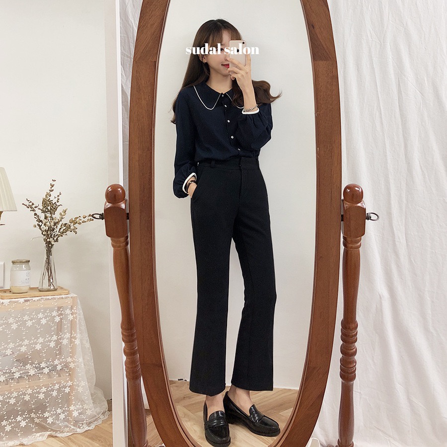 MS254 Áo sơ mi nữ cổ sen phối viền màu vintage