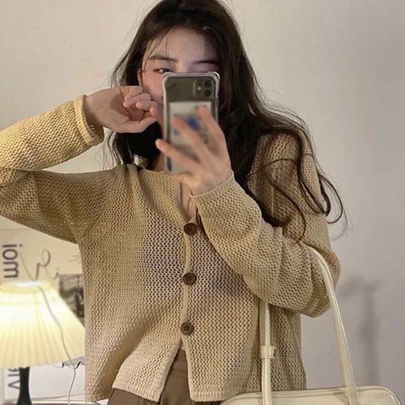 Áo Cardigan Dệt Kim Tay Dài Màu Sắc Thanh Lịch Phong Cách Hàn Quốc