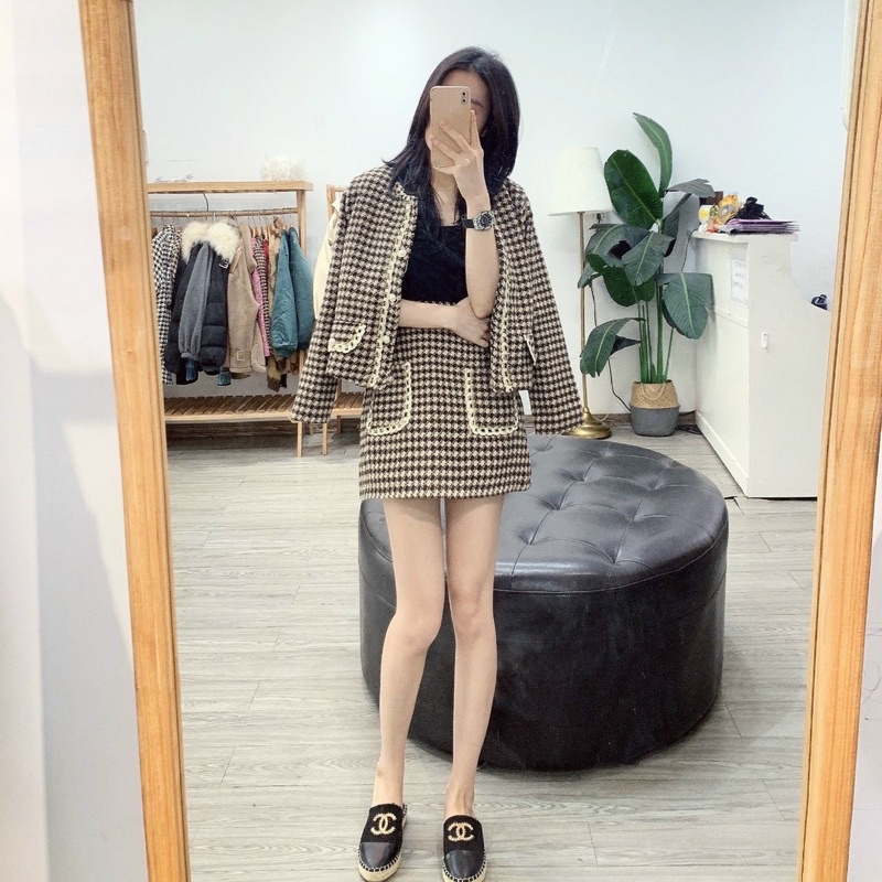 Set dạ kẻ viền thừng kim tuyến khuy ngọc