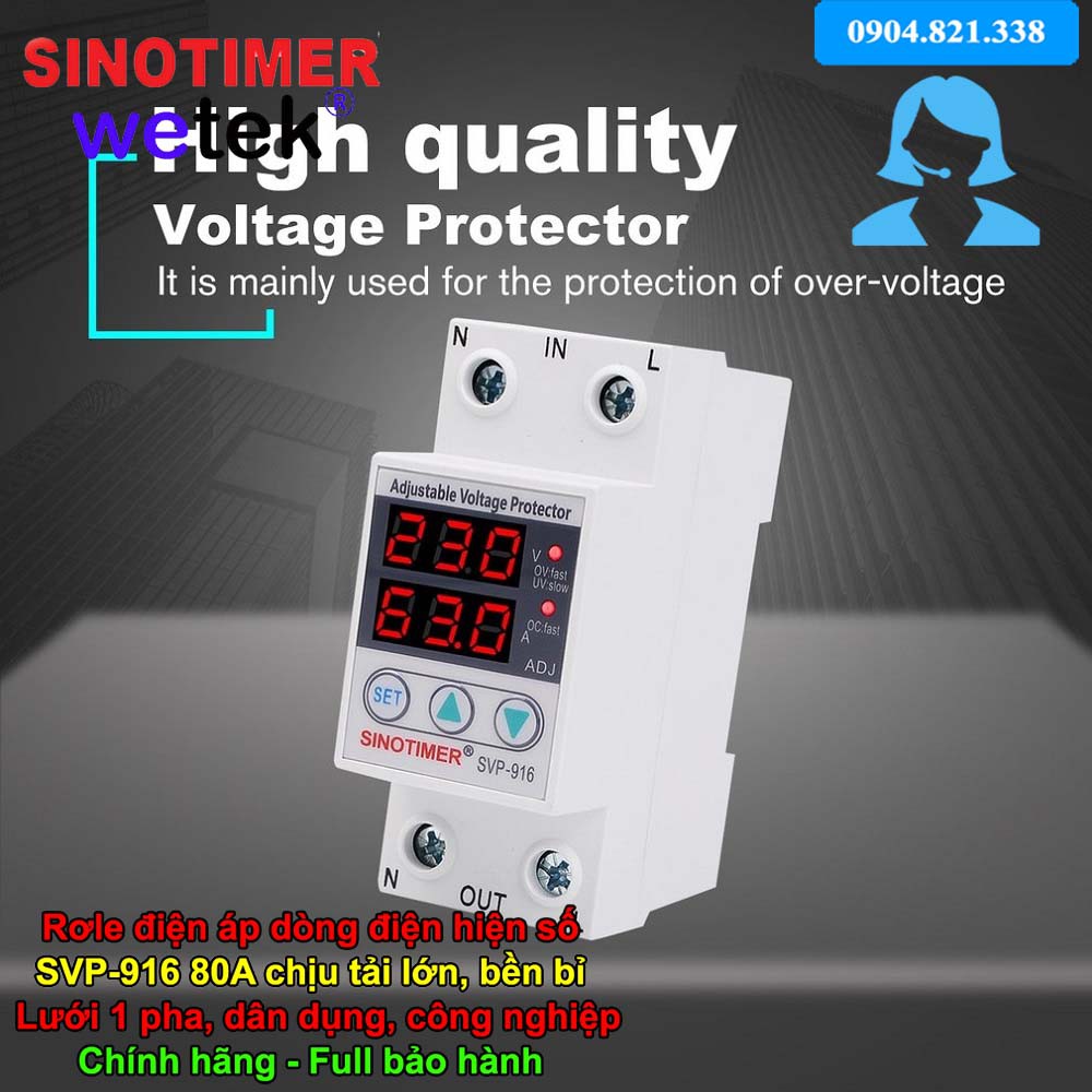 SVP-916 80A  At bảo vệ điện áp dòng điện hiện số LED, Sinotimer, chịu tải siêu lớn 80A, cao thấp áp, mất trung tính...
