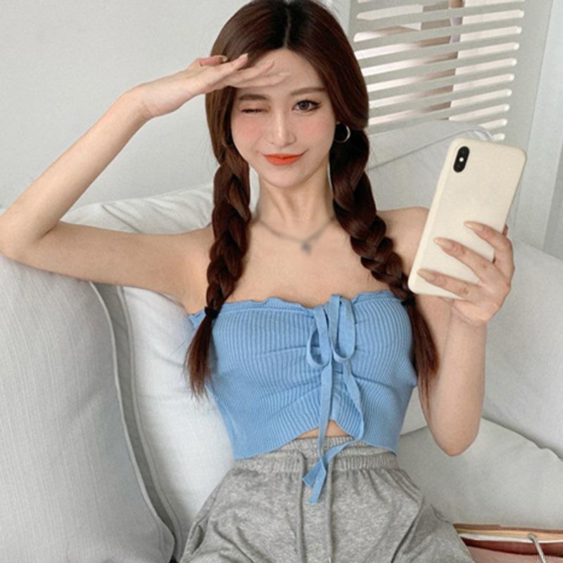Áo Croptop Dệt Kim Trễ Vai Màu Trơn Phong Cách Hàn Quốc