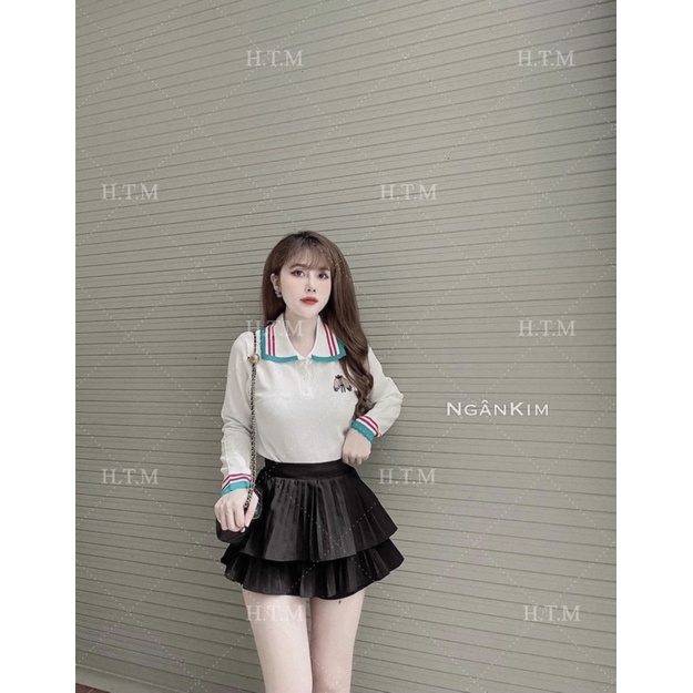 Áo len ong cổ đức phối viền xanh tay dài, len mongtoghi đầu mùa