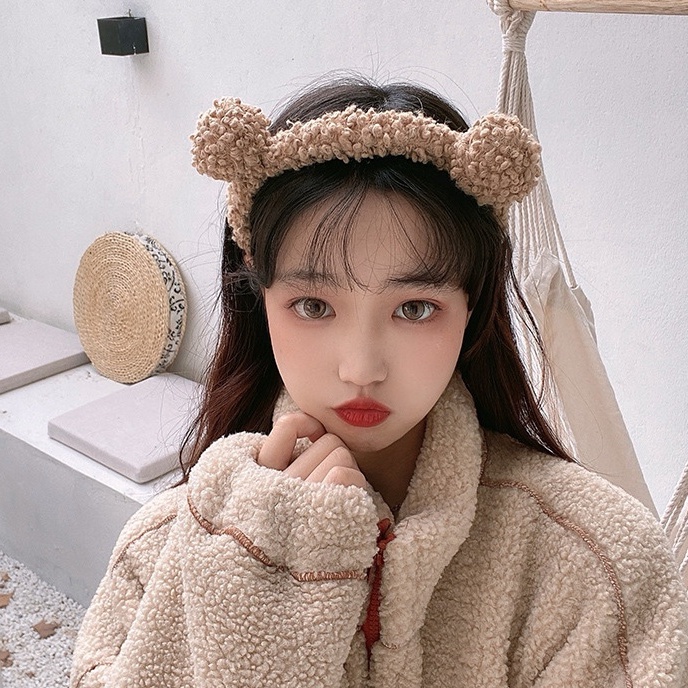 Băng đô cài tóc hình tai gấu bằng bông phong cách Hàn Quốc