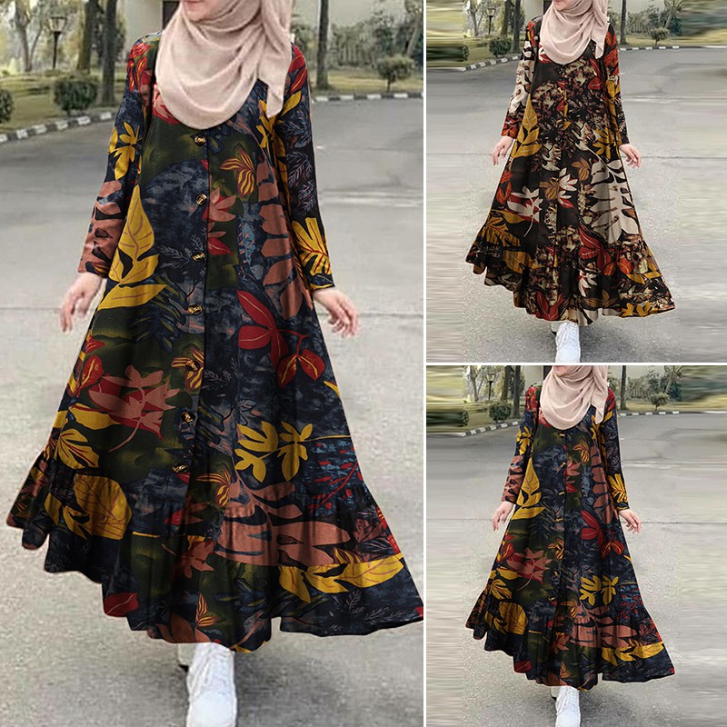Đầm Maxi ZANZEA Tay Dài Họa Tiết Cổ Điển Cho Phụ Nữ Hồi Giáo