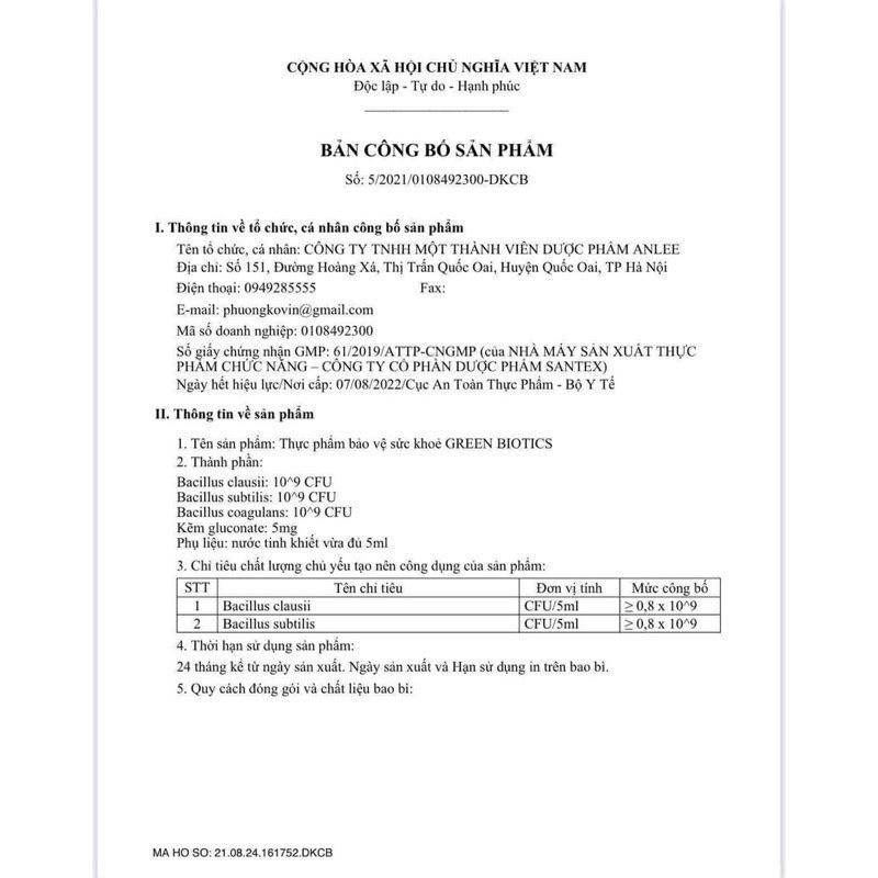 GREEN BIOTICS - Men vi sinh bào tử lợi khuẩn (1 hộp 4 vỉ = 20 ống) Tiêu hoá khoẻ - Trẻ ăn ngon