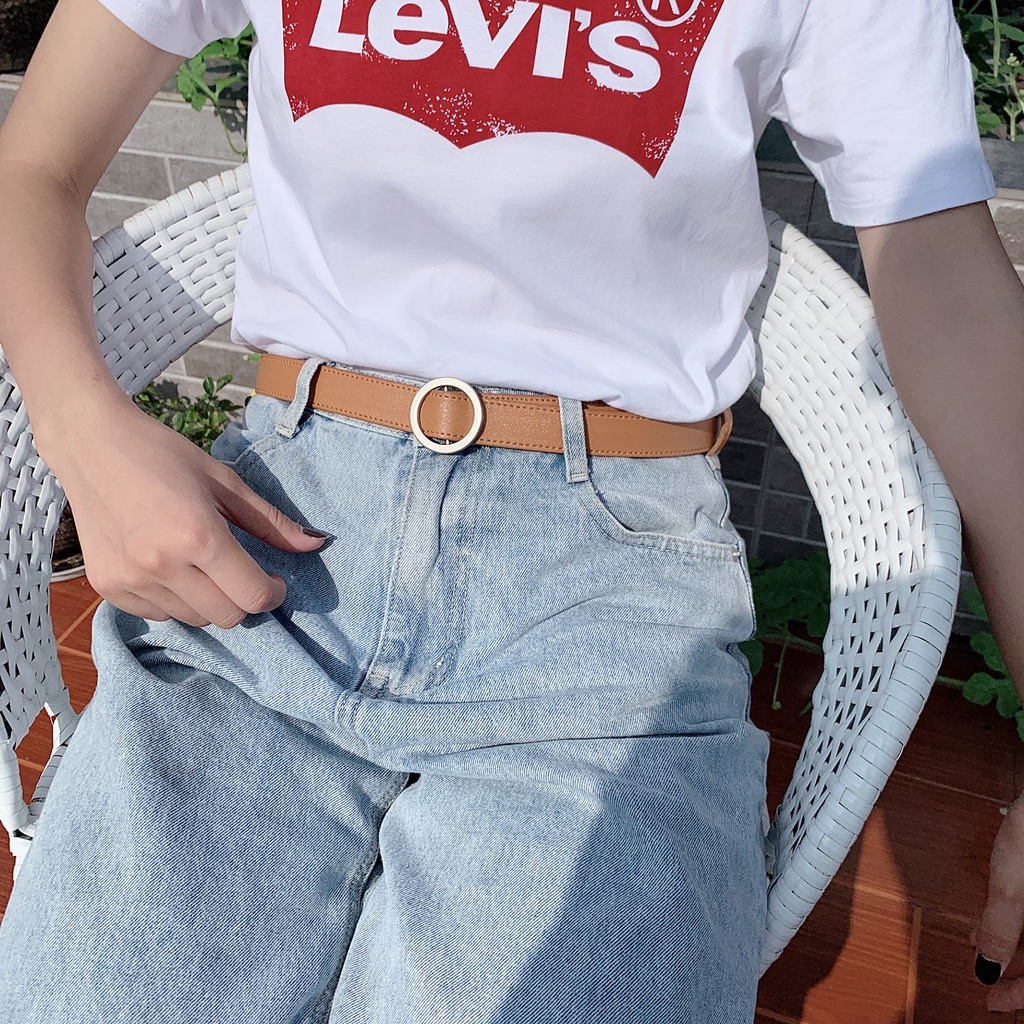 Haimeikang Thời trang nữ đơn giản không có lỗ thắt lưng khóa tròn có trang trí