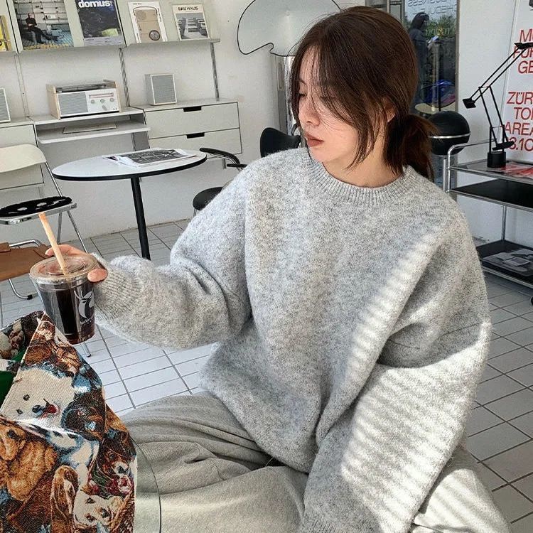 Lil CHER Áo Sweater Dệt Kim Chui Đầu Dáng Rộng Dày Dặn Màu Xám Phong Cách Hàn Quốc Thời Trang Thu Đông Thường