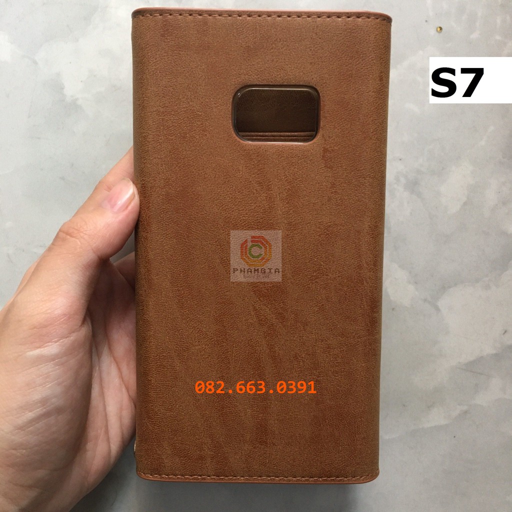 Bao da Samsung S7 chất da nâu cao cấp, có ngăn đựng thẻ tiện lợi, siêu bảo vệ máy