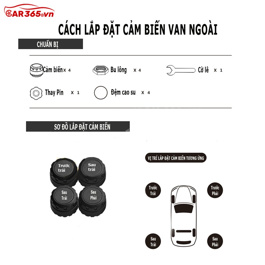 Cảm biến áp suất lốp xe hơi van ngoài cao cấp Car365, Pin năng lượng mặt trời, màn hình LCD, tuổi thọ pin 5 năm