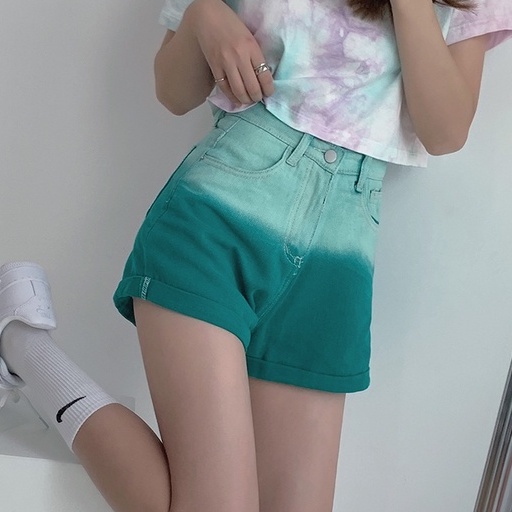 Quần Short Denim Màu Hồng Gradient Lưng Cao Dáng Ôm Dễ Phối Đồ Thời Trang Mùa Hè Mới Cho Nữ