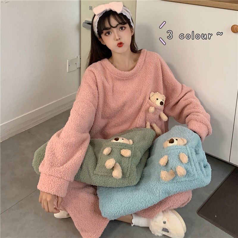 ❤️❤️Bộ Đồ Ngủ Tay Dài Chất Nỉ Dày Dặn In Họa Tiết Hoạt Hình Dễ Thương Thời Trang Thu Đông Cho Nữ