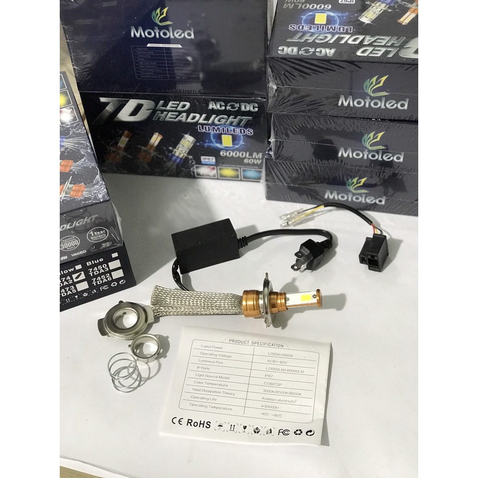 Đèn pha led râu 3 Tim đủ chân 2in1 T19 H4 Motoled 60W 6000lument IP67 Mã 7374 TDA5