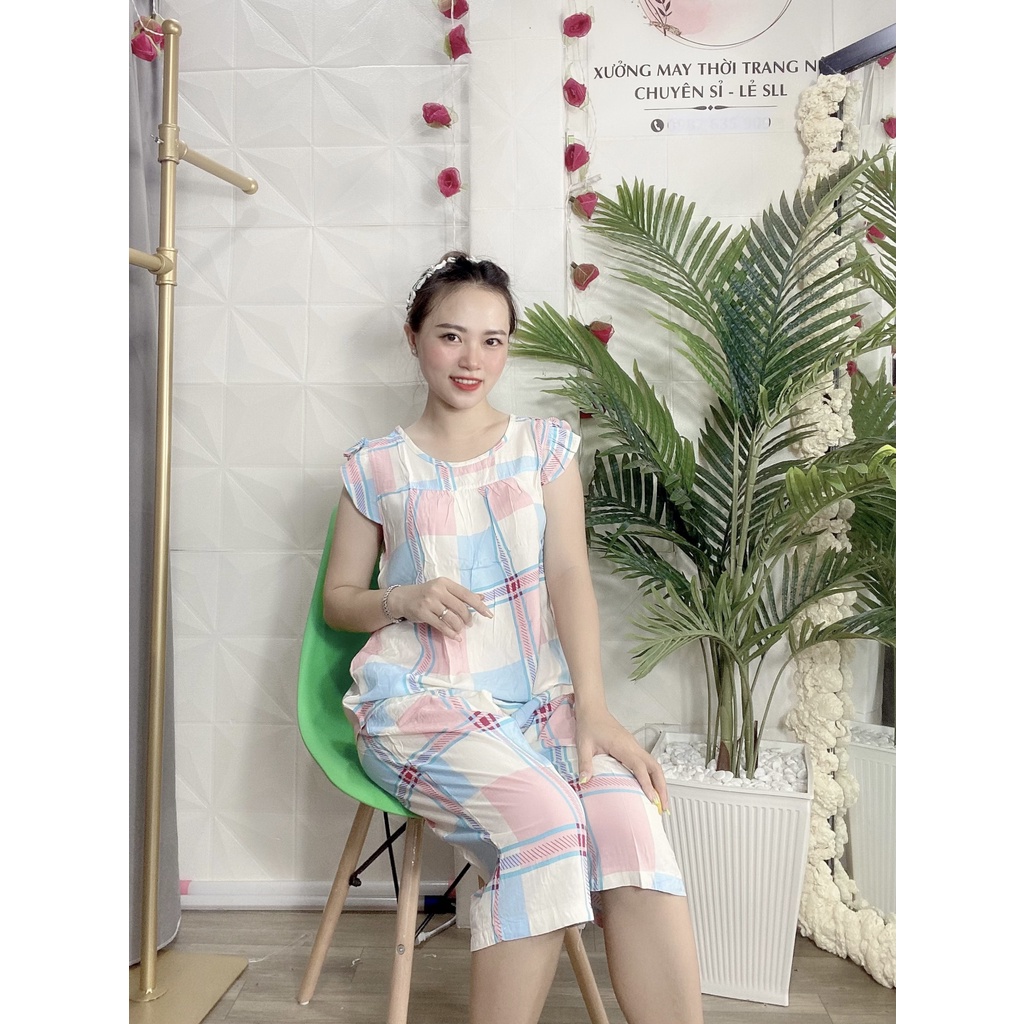 Đồ bộ lanh  mặc nhà, quần lửng tay cánh tiên, họa tiết caro  - TL59