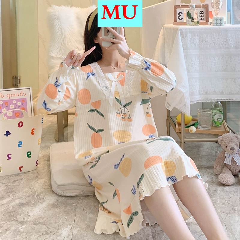 Đầm ngủ cotton mỏng tay dài dáng rộng thời trang xuân thu dễ thương cho nữ
