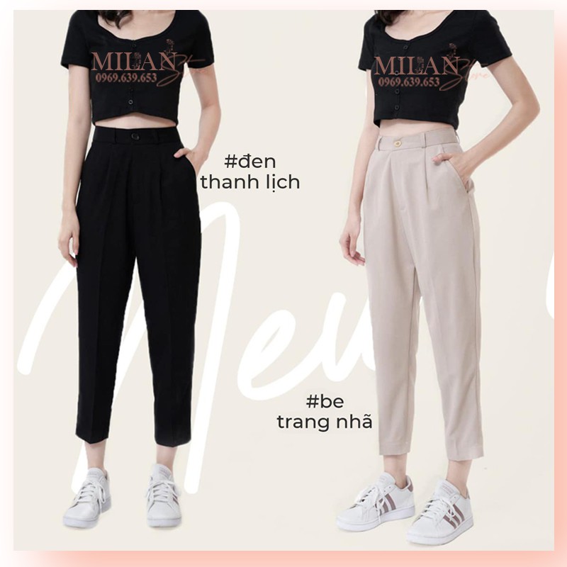 Quần baggy nữ công sở lưng cao màu Đen - Cạp may viền có đai nhỏ - Vải tuyết mưa dày mềm - Quần tây baggy đi học làm dài