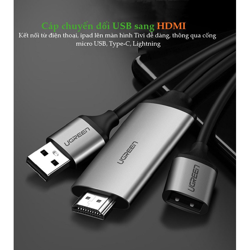 [Mã ELMALL300K giảm 5% đơn 500K] Cáp Chuyển Đổi USB ( micro, lightning, Type-C) Sang HDMI UGREEN 50291 ( dài 1.5m)