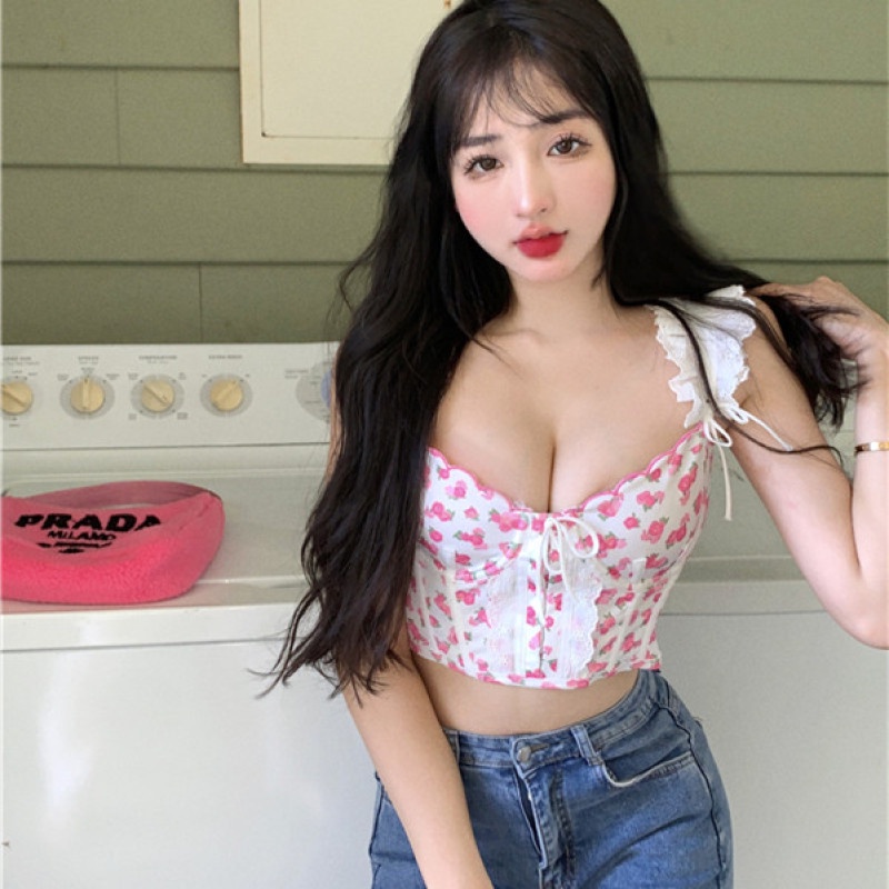 Áo Hai Dây Cổ Chữ V Phối Ren Hoa Phong Cách Quyến Rũ