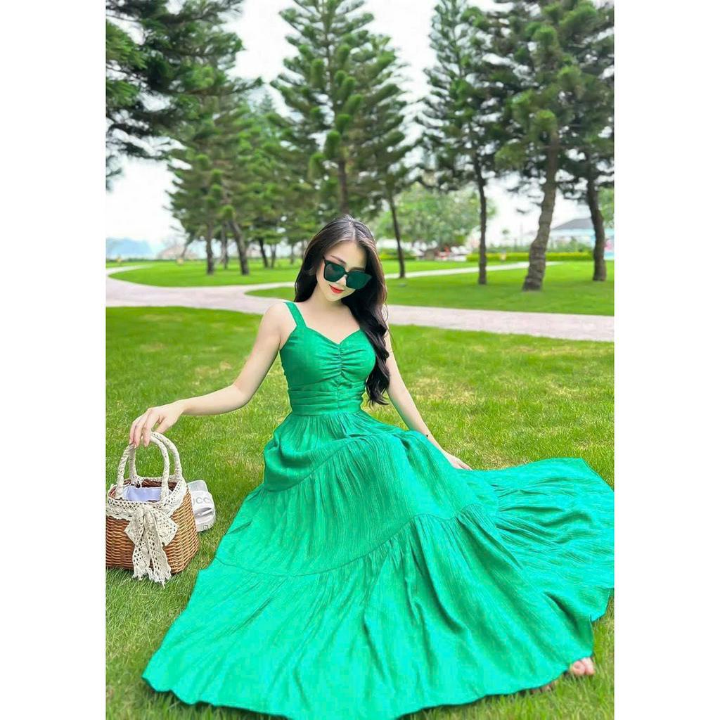 Váy đầm nữ chất lụa kiểu dáng hai dây có mút đầm xòe dài chiết eo xếp tầng mocking thân sau siêu xinh