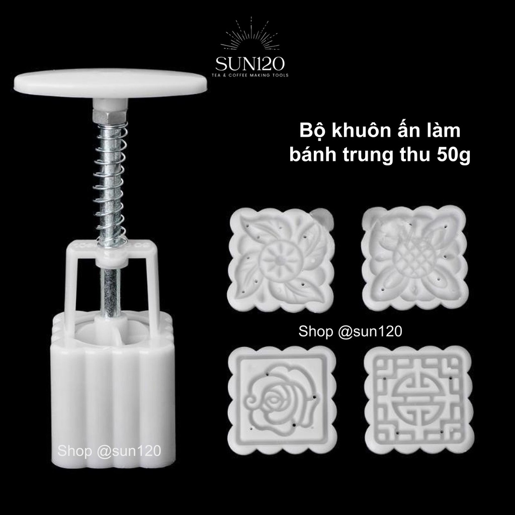 Bộ Khuôn Làm Bánh Trung Thu 4 mặt 50g khuôn ấn lò xo Trang Trí Bánh Trung Thu Hình Hoa 3D khuôn tròn khuôn vuông