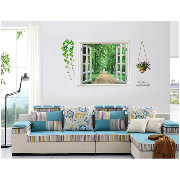 Combo Decal dán tường xanh 3 - decal cửa sổ 3d và chân tường trang trí nhà cửa đẹp