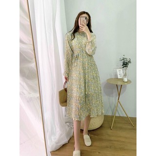 Váy maxi hoa nhí dập ly kèm đai