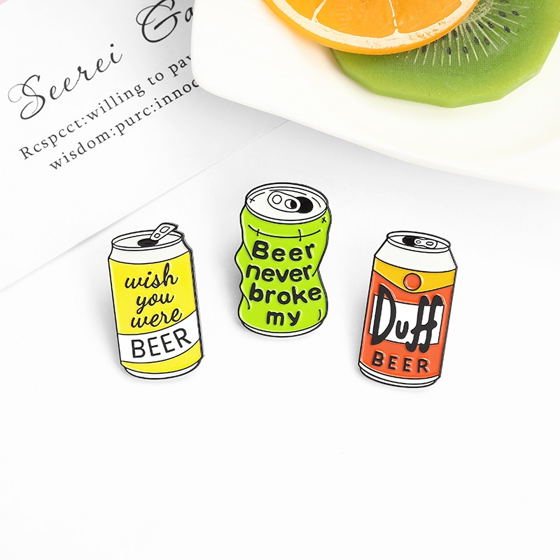 Ghim cài áo QIHE JEWELRY Hình Lon Bia / Chữ Wish You Were Beer Tráng Men Tùy Chỉnh