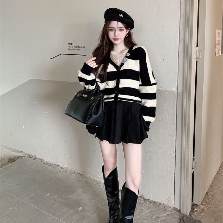 Jiashucheng Áo Khoác Cardigan Dệt Kim Tay Dài Dáng Rộng Họa Tiết Kẻ Sọc Phong Cách Retro Nhật Bản