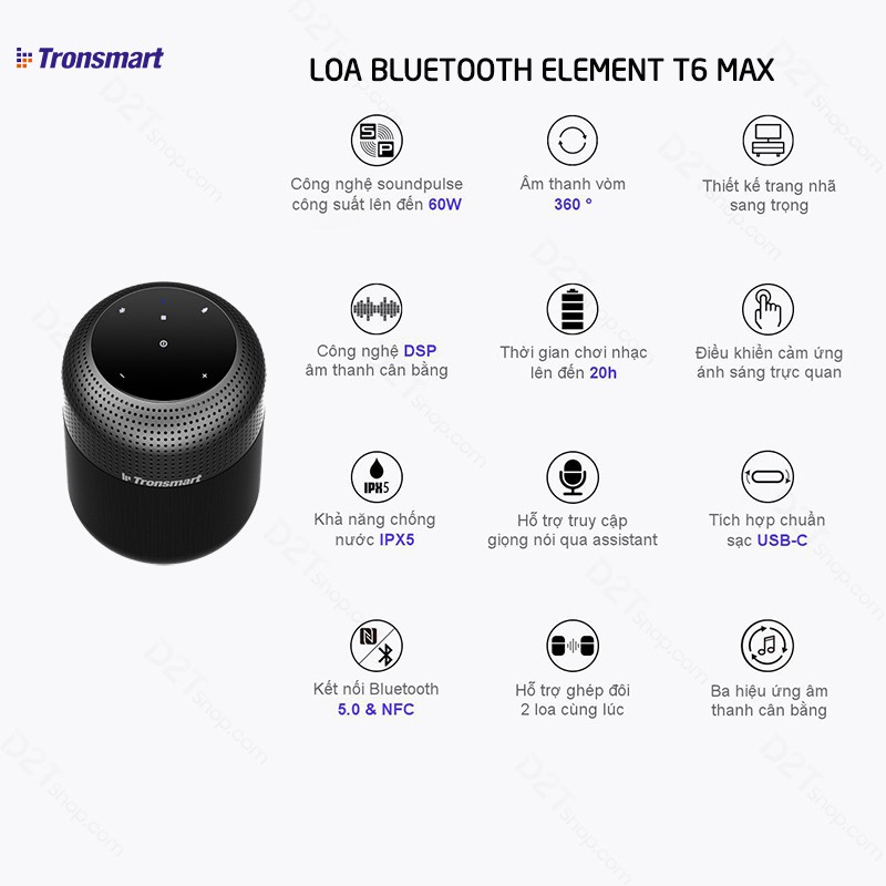 Tronsmart T6 Max | BẢN CAO CẤP | Loa Bluetooth 5.0 công suất 60W, bass sâu và trầm,điều khiển cảm ứng, TWS 2 loa được