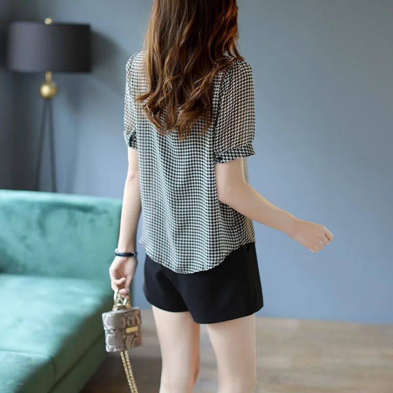 Áo Sơ Mi Chiffon Mỏng Tay Ngắn Dáng Ôm In Họa Tiết Houndstooth 2022 Thời Trang Mùa Hè Cho Nữ