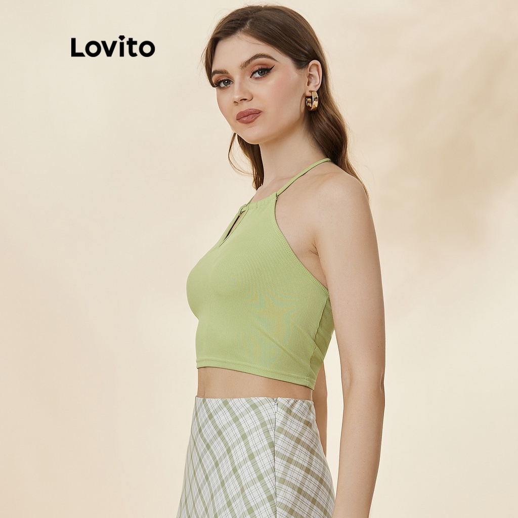 Áo sát nách Lovito thiết kế dây yếm đeo cắt xẻ phong cách cơ bản trơn màu L19D393 (màu xanh lá)