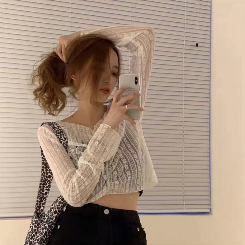 Xiangbao Áo Croptop Tay Dài Phối Ren Mặc Ngoài Bikini Thời Trang Mùa Hè Kiểu Pháp Cho Nữ