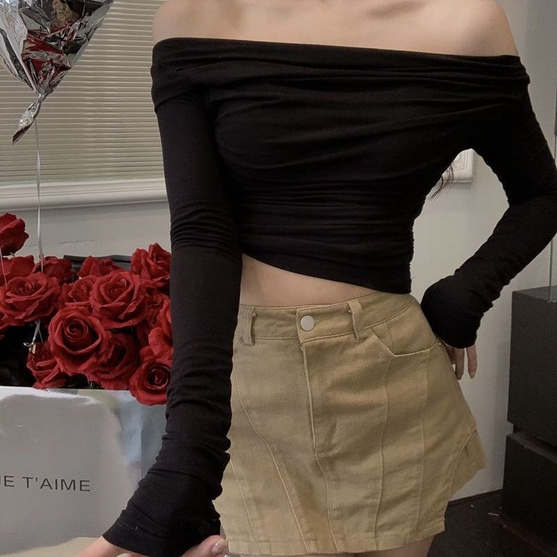 Áo thun COZOK trễ vai tay dài dáng ngắn phong cách cổ điển thời trang cho nữ